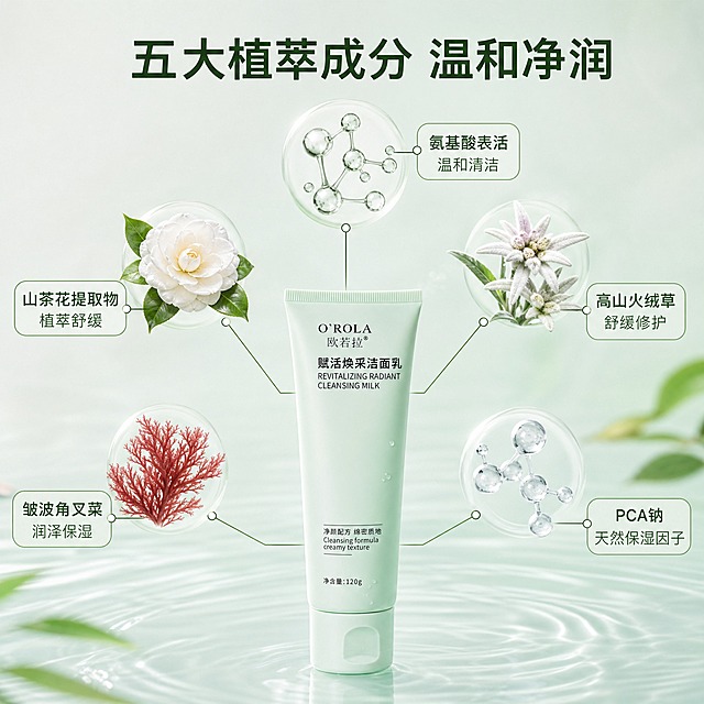 [主图-2] 欧若拉赋活焕采洁面乳 核心成分解析 五大植萃保湿成分主题。
[统一基调] 清新植萃水润风格，背景主色为浅薄荷绿渐变到奶白色，标题字色深墨绿，辅助字色灰绿，强调色浅金绿，字体为干净非衬线体，字号层级分明，卡片用圆角半透明白色底配细绿边，图标为简约线性绿色图标。
[画面] 产品欧若拉赋活焕采洁面乳（淡绿色软管包装）位于画面底部中央，占画面约30%比例，正面视角。产品上方和四周悬浮五种核心成分的可视化元素，用细浅绿色引线连接到产品管身，形成成分环绕解析布局。五种成分分别是：1.山茶花提取物：一朵精致白色山茶花悬浮在左上方；2.高山火绒草：一小簇白色火绒草花悬浮在右上方；3.皱波角叉菜：一小株红海藻形态悬浮在左中部；4.PCA钠：透明水分子球结构悬浮在右中部；5.氨基酸表活分子：微观分子结构悬浮在正上方。背景是浅薄荷绿渐变，有轻微的水波纹纹理。
[光影质感] 高级商业摄影质感，柔光均匀布光，成分元素有通透的光泽感，分子结构有半透明玻璃质感，植物元素真实自然，产品光影与整体环境融合。
[配色] 主色浅薄荷绿+奶白，成分元素保持自然本色，引线和标注为深墨绿。
[文字版式] 画面顶部主标题"五大植萃成分 温和净润"深墨绿色粗体大字。每个成分悬浮元素旁边配有圆角小标签，标签内文字："山茶花提取物 植萃舒缓"、"高山火绒草 舒缓修护"、"皱波角叉菜 润泽保湿"、"PCA钠 天然保湿因子"、"氨基酸表活 温和清洁"。标签文字为深墨绿，标签底色半透明白。所有文字清晰，不重叠不杂乱。
[输出要求] 比例1:1，文字清晰可读，产品清晰完整不变形，成分元素真实自然，无错字，画面干净专业，无水印，无平台Logo。