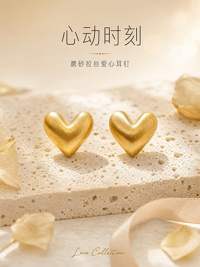 [商品] 使用【图1】拉丝爱心耳钉（金色款+银色款）；保留立体爱心造型、磨砂拉丝金属质感、双色外观、耳针结构；商品处理：增强金属拉丝纹理细节，清理表面瑕疵，保持爱心饱满弧度和真实比例。
[画面] 第1张 氛围头图（商品主角型），目标营造高级轻奢第一印象。画面中心陈列金色款爱心耳钉一对，左右对称摆放，主体占画面约50%，放置在米白色洞石岩板上，岩板有自然孔洞纹理。耳钉周围散落几片干枯米色花瓣和一小段米色丝带作为氛围道具，前中后景层次分明。背景为奶油米白到浅香槟金的柔和渐变，右上角有柔和光斑。整体画面干净通透，突出耳钉精致高级感。
[视觉] 套系策略：风格=高级轻奢珠宝商业摄影；标题字=纤细优雅无衬线体；正文字=简洁无衬线体；主色=奶油米白+香槟金；背景延展=基于奶油米白和香槟金做深浅层级、同色渐变和细腻岩板/丝绸/绒面质感；强调色=香槟金，仅用于小面积引线、装饰线和点缀；标题色=深暖棕；正文色=中暖灰；组件=极细金线、圆角浅底信息卡；光影=左前侧45度柔光箱主光+右侧补光+底部反光板，金属拉丝纹理高光细腻。
[文字] 画面上方居中主标题 "心动时刻"，下方副标题 "磨砂拉丝爱心耳钉"，主标题深暖棕色纤细字体，副标题中暖灰色小号字体，文字不遮挡耳钉主体。底部有小号手写英文装饰 "Love Collection"。
[规格] 图片比例3:4竖版，2K分辨率，避免变形、错字、文字过小、冷蓝/蓝灰背景、耳钉颜色改变、造型失真。