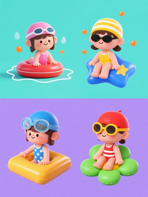 四个不同风格、不同造型的游泳系列素材集合，规整排布。第一个：扁平化风格，纯色背景为浅蓝色，小女孩穿着粉色连体泳衣，戴着粉色泳帽和白色泳镜，趴在红色圆形游泳圈上，周围有白色波浪线条和水滴图案，造型简洁，色彩明快。第二个：手绘卡通风格，纯色背景为浅绿色，小女孩穿着黄色分体泳衣，戴着黄色条纹泳帽和黑色泳镜，坐在蓝色星形游泳圈上，表情俏皮，周围有橙色小气泡，线条流畅，充满童趣。第三个：3D立体风格，纯……预览效果