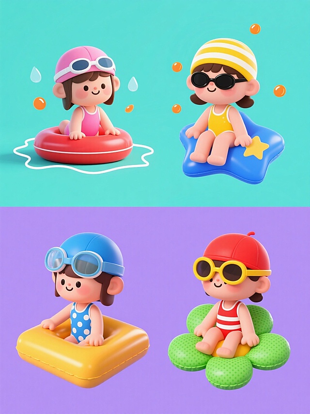 四个不同风格、不同造型的游泳系列素材集合，规整排布。第一个：扁平化风格，纯色背景为浅蓝色，小女孩穿着粉色连体泳衣，戴着粉色泳帽和白色泳镜，趴在红色圆形游泳圈上，周围有白色波浪线条和水滴图案，造型简洁，色彩明快。第二个：手绘卡通风格，纯色背景为浅绿色，小女孩穿着黄色分体泳衣，戴着黄色条纹泳帽和黑色泳镜，坐在蓝色星形游泳圈上，表情俏皮，周围有橙色小气泡，线条流畅，充满童趣。第三个：3D立体风格，纯色背景为橙色，小女孩穿着蓝色带白色波点的泳衣，戴着蓝色泳帽和透明泳镜，趴在黄色方形游泳圈上，游泳圈有立体感，小女孩身上有光影效果，显得生动逼真。第四个：复古漫画风格，纯色背景为紫色，小女孩穿着红色带白色条纹的泳衣，戴着红色泳帽和黄色泳镜，坐在绿色花朵形状的游泳圈上，画面有复古的网点效果，线条粗犷，色彩对比强烈。