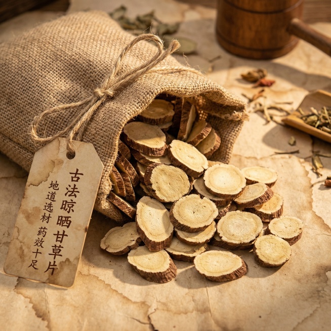 基于现有甘草片图片，制作成适合商用的主图，采用复古牛皮纸背景，甘草片装在粗布口袋里露出部分，搭配麻绳标签，添加“古法晾晒甘草片”“地道选材 药效十足”的文案，营造传统老字号的商用氛围预览效果