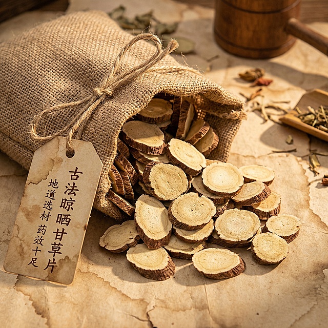 基于现有甘草片图片，制作成适合商用的主图，采用复古牛皮纸背景，甘草片装在粗布口袋里露出部分，搭配麻绳标签，添加“古法晾晒甘草片”“地道选材 药效十足”的文案，营造传统老字号的商用氛围