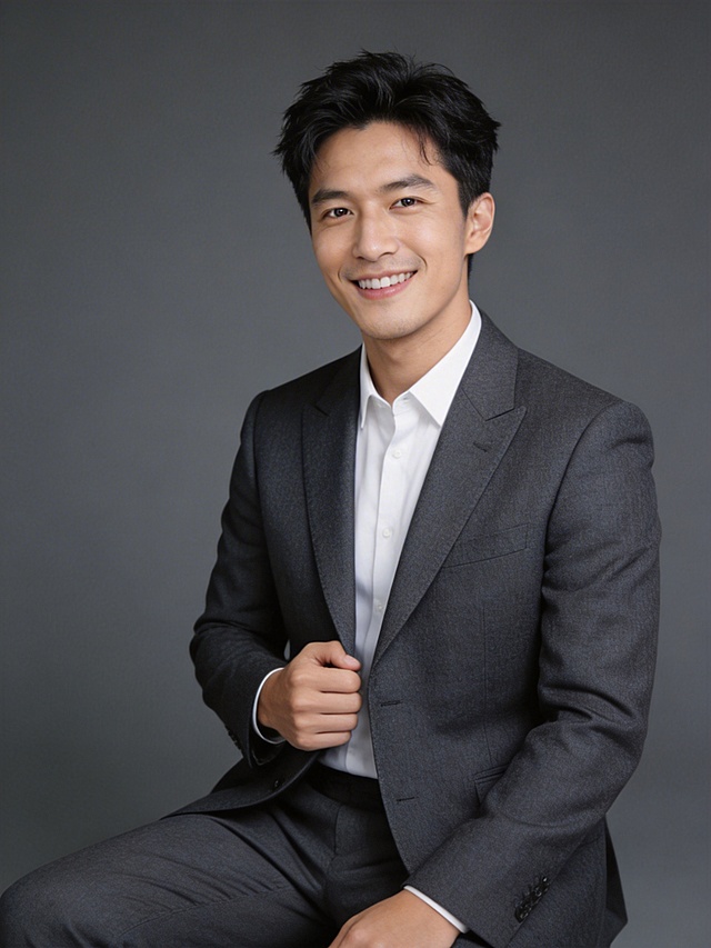 参考图中保留人物脸型、发型、年龄等特征生成职场形象照,标准焦段50mm,f/4光圈(f/2.8-f/4区间),平视视角(镜头与人物视线齐平);人物占画面70%,人物居中(居中构图),位于画面中心,为视觉聚焦点,入境范围头部及以下至臀部下方10cm(半身像);左右留少量背景空间;头部与画面顶部保留5%空间;头部发型完整,头肩比例协调,人物结构准确;发质微微柔顺，微微蓬松。身穿深灰色精纺羊毛混纺西装外套(平驳领设计,面料呈细腻微微哑光质感);内搭白色高支精梳棉衬衫;下装深灰色精纺羊毛混纺西裤;着装正式干练;理性专业;身形匀称,姿态端正,身体挺拔。呈自然坐姿，右手轻握西装前襟，肢体放松且自信;简约冷调深灰色纯色背景(呈现均匀柔和质感),背景光线均匀柔和,强化色彩对比的高级感,极简干净;32k画质超高分辨率、细节清晰,现代精致感风格;肤质精细化处理;眼神直视镜头,目光坚定且澄澈,表情自然。嘴角上扬;肌肤白皙透亮,柔光提亮,细腻无瑕,通透高级冷白皮,干净清透肤质,肤色均匀,柔光美白细腻陶瓷肌肤,自然提亮,光影柔和通透水光肌,肤质细腻平滑干净哑光肤质,无油光无暗沉,肤色均匀提亮;杰作,最佳画质,超高细节,写实摄影,中近景人像,面部清晰,五官精致,皮肤细腻通透,白皙清透皮肤,干净肤色,健康肤色,无蜡黄,无暗沉,无黄皮,柔光,正面补光,面部光线均匀明亮,无浓重阴影,冷色调白平衡,画面干净清新,色调明亮,对焦清晰,肤质细腻,高清皮肤细节;面部光比1:1.5,4800K中性光,微微修饰脸型,肤质哑光细腻,面部雾面柔光,轻透裸肌感,真实毛孔纹理;32k画质,去除人物之外的所有元素。严格按照图片内容生成。