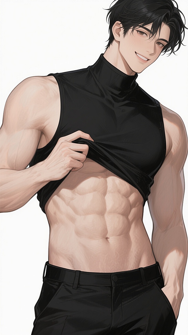 动漫风格男性角色插画，健壮肌肉身材，黑色高领无袖上衣被单手拉开露出分明腹肌，另一只手插在黑色裤子口袋，凌乱黑发，侧脸微笑，线条流畅的手绘质感，柔和光影，简洁白色背景，展现力量感与性感魅力