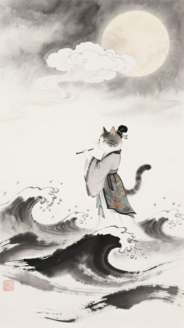 猫、可爱、发髻、汉服、云朵、波浪、神话单色、中秋节、独奏、上身、中国服装预览效果