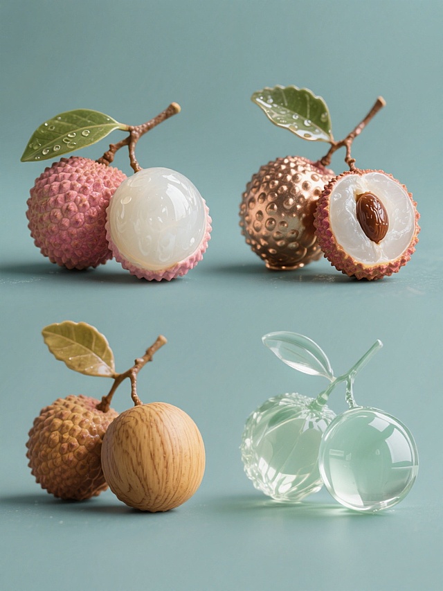 四个不同材质的荔枝系列素材集合，规整排布在纯色背景上，每个荔枝造型统一为两颗带枝叶的完整荔枝和一颗剥开露出白色果肉与棕色果核的荔枝组合，保持写实风格和水滴细节：第一个荔枝呈现光滑亮泽的陶瓷材质，整体色彩为淡雅的粉白色调；第二个荔枝为磨砂质感的金属材质，整体色彩为复古的铜金色调；第三个荔枝是细腻纹理的木质材质，整体色彩为温暖的棕黄色调；第四个荔枝为通透晶莹的玻璃材质，整体色彩为清新的淡绿色调，所有荔枝均有清晰的光影效果和立体感，画面信息传达清晰，视觉层级分明。