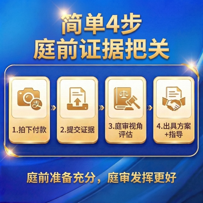 完全保留原图的蓝金配色、四步横向卡片排版、金色立体字、金色描边框、箭头装饰全部不变，仅调整主标题排版并替换文案内容：第一行主标题“简单4步”，字号放大，第二行副标题“庭前证据把关”，四个流程步骤依次替预览效果