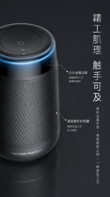 [第2屏] 产品外观工艺展示，展示深空灰哈曼卡顿便携蓝牙音箱边框与网罩纹理。本屏使用【图1】作为商品主体。氛围风格微距精修，纹理清晰，冷调高级感。元素布局：左侧区域展示音箱45°俯拍微距特写，重点呈现预览效果