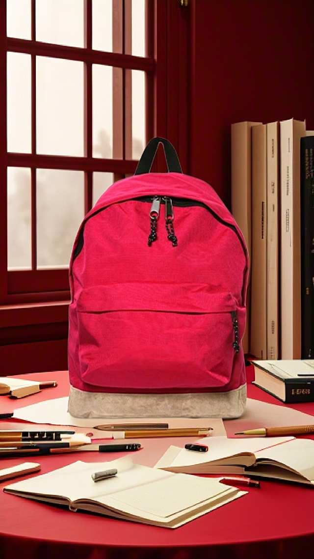 现代简约风格，清新舒适实景感，书桌上的粉色背包与文具，展现学习的温馨氛围。