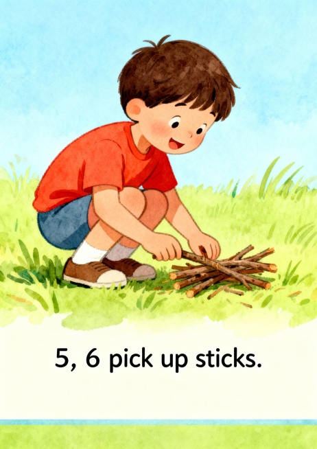 请制作A4竖版儿童卡片 1：
题目1, 2 Buckle My Shoe
内容
1, 2 buckle my shoe.
3, 4 shut the door.
5, 6 pick up sticks预览效果