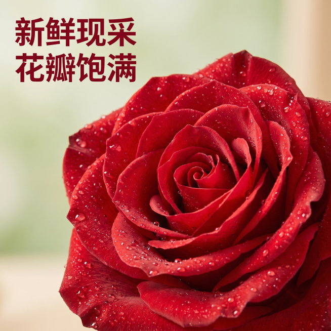 [主图 3] 高原红玫瑰花细节特写；[氛围风格] 温馨舒适简约治愈风；[画质] 商业摄影质感、光线柔和通透、产品清晰真实、画面干净高级；[元素] 单朵盛开的高原红玫瑰花局部特写，聚焦展示层层包裹的花瓣预览效果