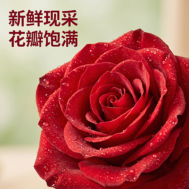 [主图 3] 高原红玫瑰花细节特写；[氛围风格] 温馨舒适简约治愈风；[画质] 商业摄影质感、光线柔和通透、产品清晰真实、画面干净高级；[元素] 单朵盛开的高原红玫瑰花局部特写，聚焦展示层层包裹的花瓣纹理，花瓣上清晰分布着晶莹水珠，突出新鲜采摘的质感，保持红玫瑰花花瓣纹理质感颜色与输入产品图绝对一致，杜绝任何变形和色差，特写部分占画面75%，背景虚化浅景深，画面干净无边框；[光影] 柔散光从侧方打来，突出花瓣纹理层次，水珠高光通透；[配色] 深红色花瓣为主，背景虚化柔和浅绿+浅米色，整体低饱和温馨；[视角构图] 近距离特写，浅景深突出花瓣细节；[文字版式] 左上角负空间文字标注“新鲜现采 花瓣饱满”，深红色粗体清晰，不遮挡主体特写；[比例分辨率] 1:1比例，2k分辨率，文字清晰可辨，超高清；[负向提示词] 变形，水印，文字错乱，产品图模糊，背景杂乱，遮挡主体，配色刺眼