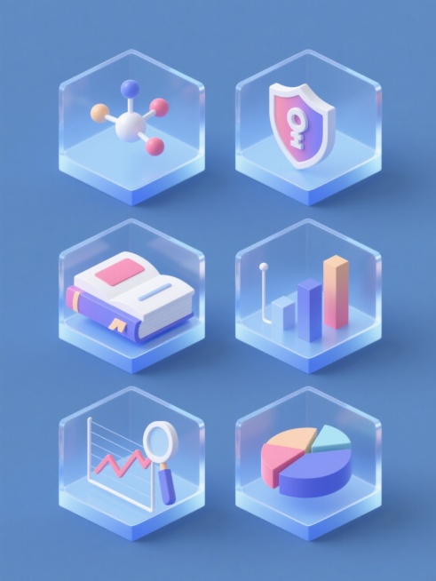 一套6个不同造型的同系列UI素材集合，采用3D等距投影风格，每个元素被透明玻璃质感立方体容器包裹，容器边缘有简洁线条勾勒，内部元素呈现平滑渐变色彩，整体画面以非蓝色系的纯色背景填充，6个立方体规整地以3行2列的网格布局排列。第一个立方体内含分子结构模型，第二个是带钥匙的盾牌图标，第三个为书本造型，第四个是柱状图表，第五个包含带放大镜的折线图，第六个是饼图，所有元素保持现代感设计语言，视觉层级清……预览效果
