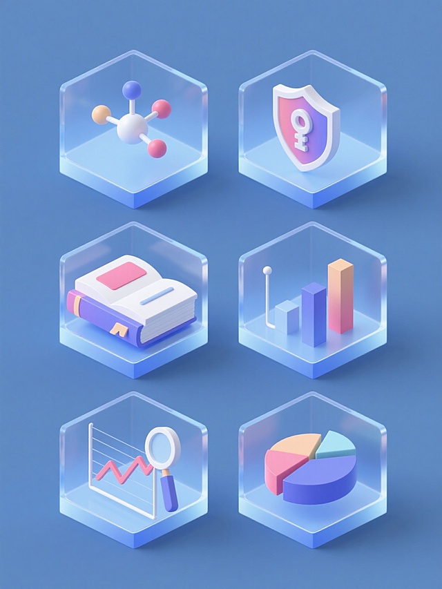 一套6个不同造型的同系列UI素材集合，采用3D等距投影风格，每个元素被透明玻璃质感立方体容器包裹，容器边缘有简洁线条勾勒，内部元素呈现平滑渐变色彩，整体画面以非蓝色系的纯色背景填充，6个立方体规整地以3行2列的网格布局排列。第一个立方体内含分子结构模型，第二个是带钥匙的盾牌图标，第三个为书本造型，第四个是柱状图表，第五个包含带放大镜的折线图，第六个是饼图，所有元素保持现代感设计语言，视觉层级清晰，信息传达高效，符合现代科技产品的UI设计审美。