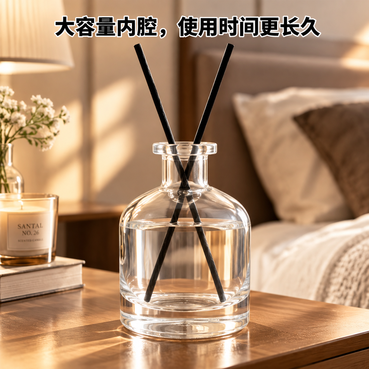 电商商品主图，960×960，圆肚透明香薰玻璃瓶，瓶内插两根黑… - 图片创意预览
