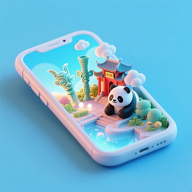 一个手机创意微缩场景，手机平放，侧面对着观众，手机俯视角度，立体的成都景观从屏幕内出来，有熊猫，三星堆，武侯祠，整体色调立体魔幻。青色背景。具有梦幻感,打光营造出柔和氛围强调梦幻和未来感的美学。