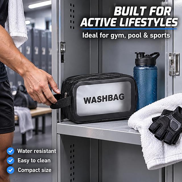 [主图-11] Portable Travel Makeup Toiletry Wash Bag - Gym / fitness scene, bag in gym locker context with workout gear.
[统一基调] Amazon cross-border active lifestyle style, 1:1 square, energetic gym setting, lifestyle product photography, bright clean lighting, same product design as image 1.
[画面] The black medium-size wash bag sitting on a bench inside a modern gym locker room, next to a gym water bottle, towel, and workout gloves. The locker has a metal door propped open, gray metal interior. The wash bag looks durable and sporty in black, perfect for gym use. Background shows blurred rows of lockers. Product occupies about 40% of frame. A male hand (athletic build, medium skin tone) reaches for the bag handle, suggesting post-workout shower routine.
[光影质感] Bright fluorescent gym lighting with slight cool tone, metallic reflections on locker surfaces, black PU material has a sleek durable look, silver zipper stands out against black, water bottle has condensation droplets for realism, towel has soft fabric texture.
[配色] Cool gray gym environment, black wash bag, silver metal accents, blue water bottle, white towel, creating a sporty masculine aesthetic.
[文字版式] Top right bold text: "BUILT FOR ACTIVE LIFESTYLES" in white with dark outline. Subtitle below: "Ideal for gym, pool & sports". Bottom left small feature list with checkmarks: "✓ Water resistant", "✓ Easy to clean", "✓ Compact size". Clean bold sans-serif font, all English, sporty aesthetic.
[输出要求] 1:1 square ratio, 2048x2048, energetic gym lifestyle scene, product clearly identifiable, all text English, no distortion, no watermark, no Chinese text, no platform logo.