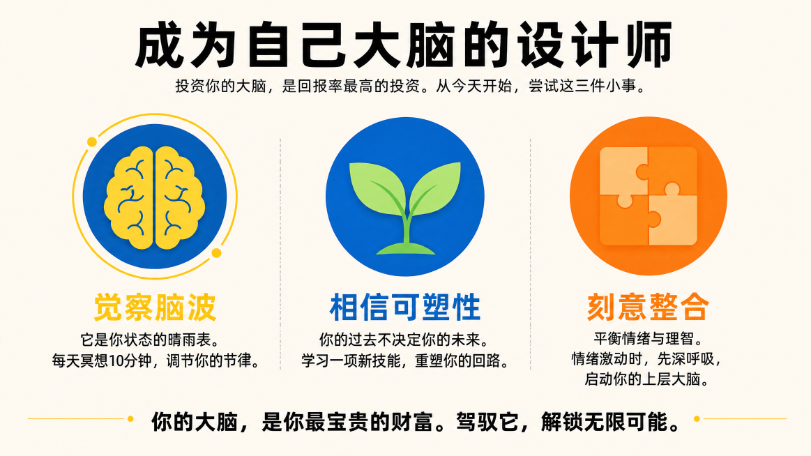 一张关于大脑潜能开发与自我优化的信息图，浅米色背景。上方加粗黑色大标题："成为自己大脑的设计师"，标题下方一行小字："投资你的大脑，是回报率最高的投资。从今天开始，尝试这三件小事。"。主体分为三个模块预览效果