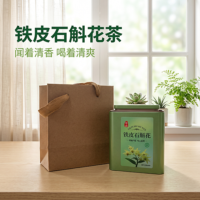 [主图-1] 产品整体展示首图，家居治愈风办公休闲场景。氛围风格：温馨自然治愈，真实生活场景。画质：商业摄影质感，光线柔和通透，产品清晰真实，画面干净高级。元素：绿色铁皮石斛花茶铁罐和牛皮纸手提礼袋放置在浅色木质桌面，背景是明亮通透的大窗户搭配浅色纱帘，窗边有小盆绿植点缀，整体呈现办公室休闲下午茶氛围。保持铁皮石斛花茶铁罐包装外观，即物理结构、材质质感、颜色、文字信息，与输入产品图绝对一致，杜绝任何变形和色差，精细化处理。商品主体占比严格控制在70%左右，画面满屏无边框。光影：柔和自然的窗边散射光，整体光线均匀通透，产品轮廓清晰，阴影柔和，营造放松闲适的氛围。配色：主色调浅原木色米白色搭配产品绿色，清新自然治愈。视角构图：平视角度，构图居中对称，景深适中，产品突出。文字版式：左上角负空间左对齐留安全边距，大字文案"铁皮石斛花茶"深绿色粗体无衬线，下方辅助文案"闻着清香 喝着清爽"浅绿色小一号字体。比例分辨率：1:1 比例，2k 分辨率，文字清晰锐利，画面超高清。负向提示词：变形，水印，文字错乱，产品图模糊，背景杂乱。