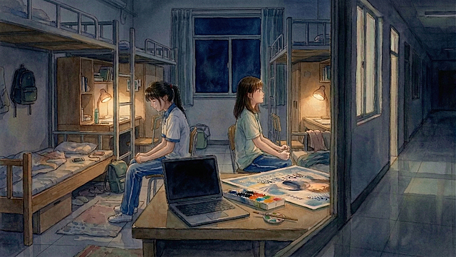 左边的女生肩膀微微耸动，压抑的哭声在空气里弥漫，右边的女生则攥紧拳头，指节泛白
