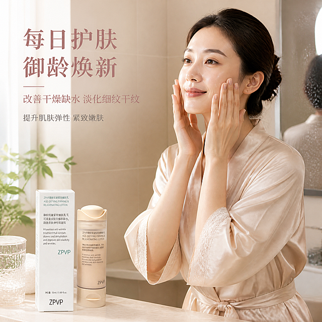 [主图-4] ZPVP御龄抗皱紧致嫩肤乳真人使用场景图
[氛围风格] 真实使用感 温暖治愈 居家护肤场景 自然生活化
[画质] 商业摄影质感 高清实拍 光线柔和 皮肤质感通透自然
[元素] 画面展示一位亚洲女性半身 约30岁左右 皮肤状态良好 穿着浅杏色真丝家居服 正在浴室洗漱台前使用ZPVP嫩肤乳 双手轻拍面部 表情愉悦享受 洗漱台上摆放着ZPVP产品瓶身和包装盒 旁边有透明玻璃杯 少量绿植点缀 背景为浅米色瓷砖墙面 带柔和水雾感 镜子里有模糊反射 保持产品外观即物理结构材质质感颜色与输入产品图一致 杜绝变形色差 商品主体占比约30% 画面满屏无边框 画面禁止出现多余的手 多余的手指 畸形手 融合手指 手部扭曲 人物面部扭曲 关节反折 肢体穿模
[光影] 窗边自然光为主光 暖调晨光 从左侧窗户照入 形成柔和光影 浴室灯为辅光 整体光线温暖通透 皮肤有自然光泽 氛围感强
[配色] 主色调暖杏色+米白色 辅助色浅木色+绿植点缀 整体暖调居家感
[视角构图] 平视侧面视角 人物在画面右侧 产品在左侧台面 人物面部在右上负空间 景深中等 背景虚化
[文字版式] 左上负空间左对齐三行文案 大字主文案每日护肤 御龄焕新 裸粉色大号粗衬线体 中间一行改善干燥缺水 淡化细纹干纹 中号 底部一行提升肌肤弹性 紧致嫩肤 小号 文字不遮挡人物面部和产品主体
[输出要求] 1:1比例 文字清晰锐利 超高清商业摄影质感
[负向提示词] 变形 文字错乱 产品模糊 背景杂乱 水印 电商平台Logo 多余手指 手部扭曲 面部扭曲 肢体穿模