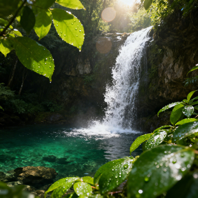 超写实自然风光，瀑布从岩壁倾泻而下，水流清透纯净，白色水花飞溅灵动，下方深潭潭水碧绿澄澈，能隐约看到水下石块，周围绿植茂密鲜翠，叶片带着湿润的水珠，阳光穿过林间在水面和植被上形成柔和光斑，光影自然，质预览效果