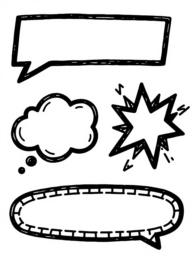 纯黑色手绘风格对话气泡元素集合，保持原始速写质感的粗线条笔触，线条边缘略带自然毛躁感，每个气泡内部为纯白色空白区域，包含4个造型完全不同的对话气泡：1. 带有尖锐三角形尾巴的矩形气泡，线条简洁硬朗；2. 边缘有不规则波浪装饰的云朵形气泡，底部带有小圆形点缀；3. 类似漫画爆炸效果的星形气泡，边角有交叉线条装饰；4. 双层边框的椭圆形气泡，外层边框带有虚线装饰和小箭头元素。所有气泡在纯白色背景上呈规整网格状排布，保持手绘速写的随意艺术感与设计的简洁功能性平衡。