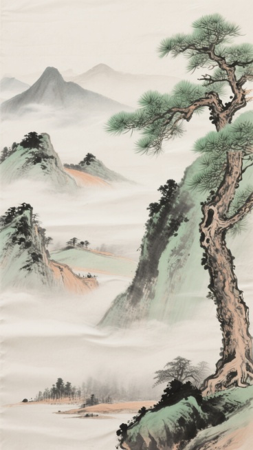 一幅中国传统水墨画风格的山水图，画面右侧为枝干虬曲的青松，松针呈嫩绿色，笔触细腻。远处山峦以淡墨、浅赭石色晕染，层次分明，山间云雾缭绕，营造出空灵悠远的意境。近景和远景的山水布局遵循传统山水画的构图法则，整体色调淡雅和谐，以米白色为底，墨色和绿色相互映衬。将原有的纸张质感替换为细腻温润的丝绸材质，保留水墨在丝绸上晕染渗透的柔和效果，使画面呈现出丝绸特有的光泽和纹理，同时保持传统水墨画的笔触韵味……预览效果