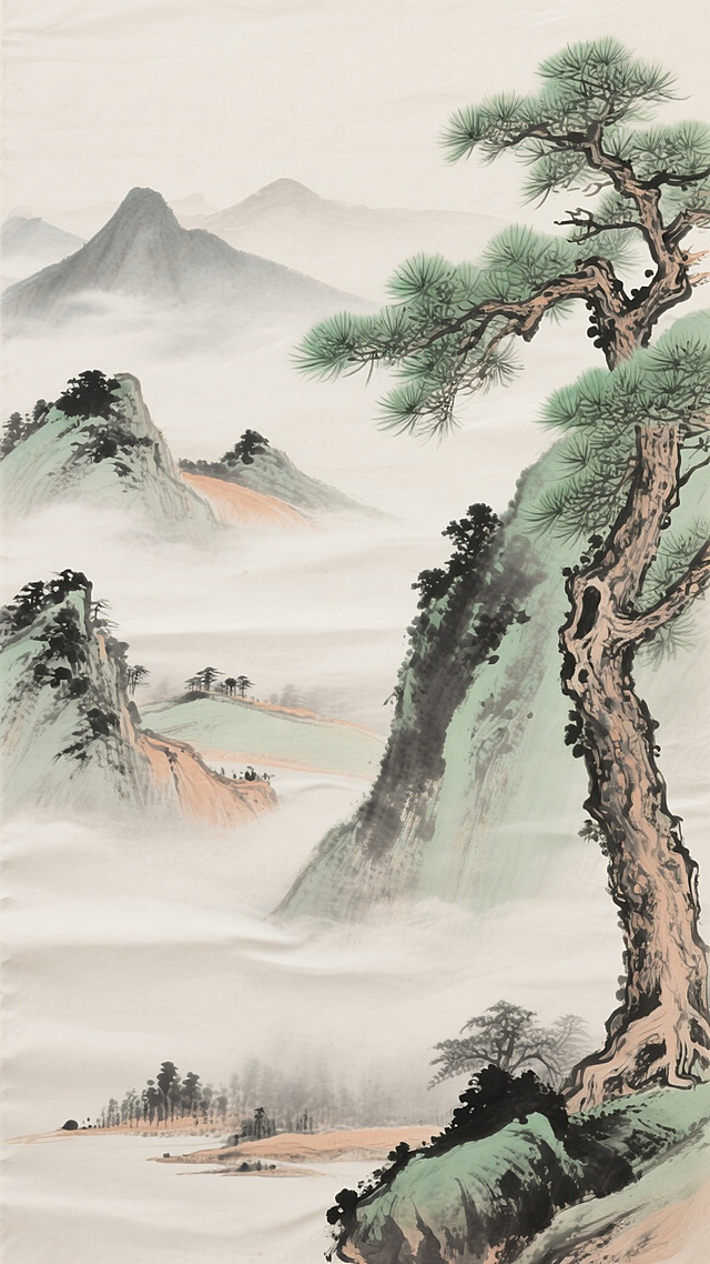 一幅中国传统水墨画风格的山水图，画面右侧为枝干虬曲的青松，松针呈嫩绿色，笔触细腻。远处山峦以淡墨、浅赭石色晕染，层次分明，山间云雾缭绕，营造出空灵悠远的意境。近景和远景的山水布局遵循传统山水画的构图法则，整体色调淡雅和谐，以米白色为底，墨色和绿色相互映衬。将原有的纸张质感替换为细腻温润的丝绸材质，保留水墨在丝绸上晕染渗透的柔和效果，使画面呈现出丝绸特有的光泽和纹理，同时保持传统水墨画的笔触韵味、色彩层次以及宁静致远的氛围。