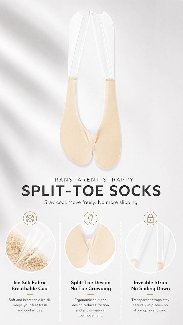 亚马逊详情页第二屏，展示Transparent Strappy Split-Toe Socks核心卖点，产品在上半部分，下方三个卖点区域：Ice Silk Fabric Breathable Cool / Split-Toe Design No Toe Crowding / Invisible Strap No Sliding Down，浅灰色简约背景，保持产品原有结构颜色，全英文排版清晰，9:16竖版，4K分辨率