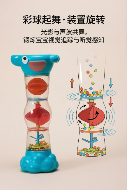 杂志风功能科普页，浅米色渐变背景。左侧展示蓝色款沙漏雨声筒玩具，严格还原上传的产品图，包括包装设计、颜色、LOGO 位置、文字内容、图案元素等所有细节，产品比例 1:1；内侧用动态示意图可视化彩珠运动预览效果