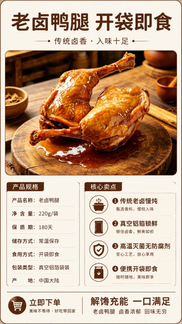 [第6屏] 规格信息收尾页，总结老卤鸭腿卖点引导下单。本屏使用【图2】作为主产品展示。
[氛围/风格] 信息总结页，简约整齐，暖棕食品风。
[元素布局] 产品图放在屏幕上半部分，占比约50%，下半部分预览效果