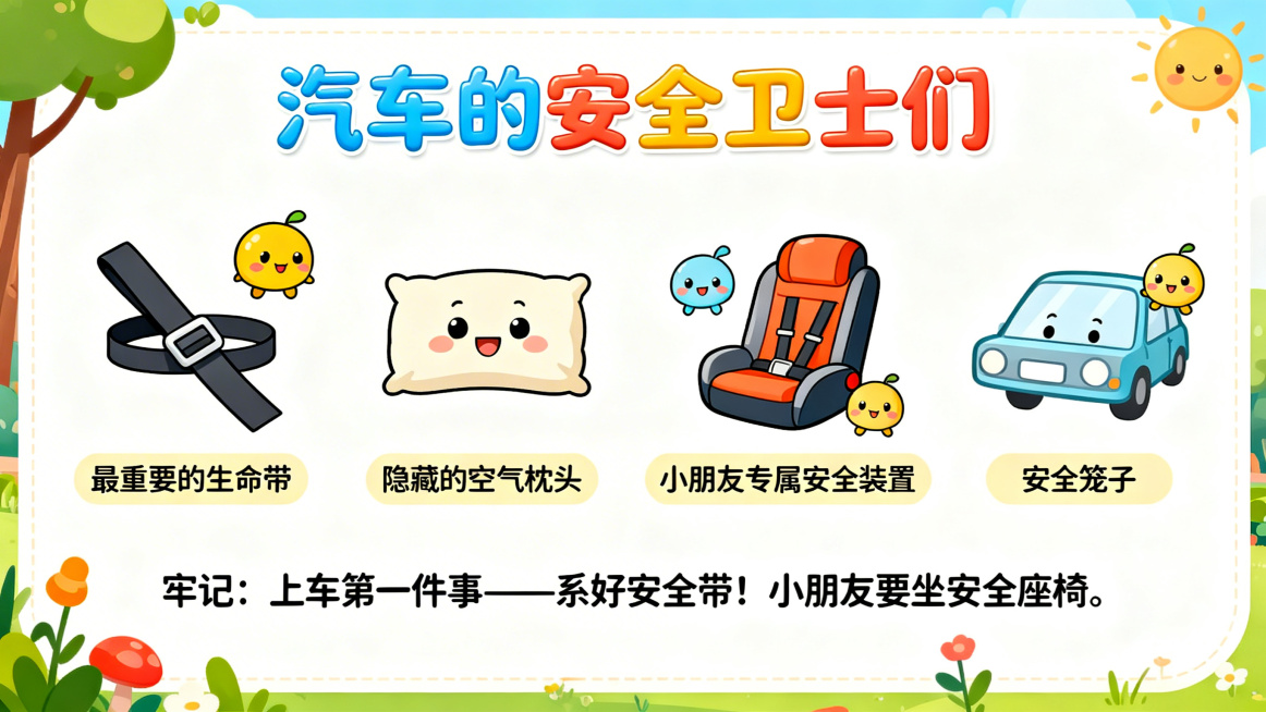 卡通风格PPT页面，主题是汽车的安全卫士们，依次介绍安全带（标注“最重要的生命带”）、安全气囊（标注“隐藏的空气枕头”）、儿童安全座椅（标注“小朋友专属安全装置”）、坚固车身结构（标注“安全笼子”），预览效果