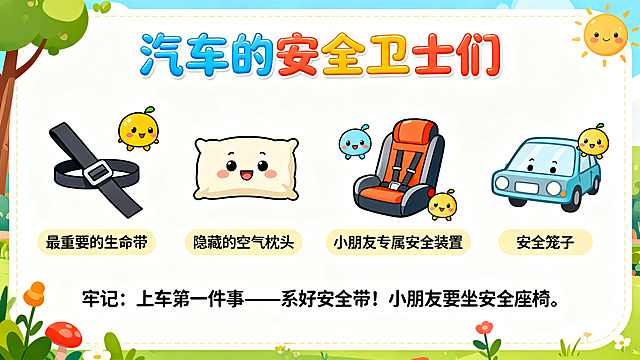 卡通风格PPT页面，主题是汽车的安全卫士们，依次介绍安全带（标注“最重要的生命带”）、安全气囊（标注“隐藏的空气枕头”）、儿童安全座椅（标注“小朋友专属安全装置”）、坚固车身结构（标注“安全笼子”），每个安全装置配有可爱的卡通图标和功能说明，底部有“牢记：上车第一件事——系好安全带！小朋友要坐安全座椅。”的文字，整体色彩活泼，字体圆润，适合10-11岁小朋友