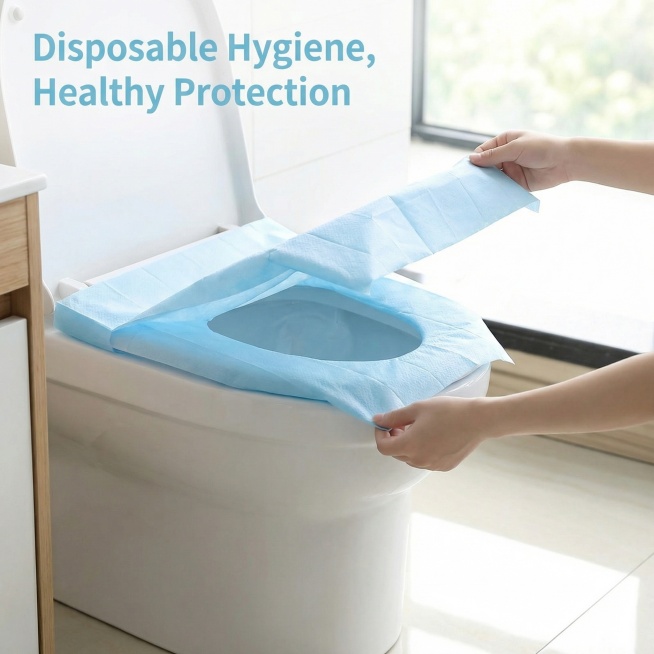 Disposable toilet seat cover usage scenario. Show the product being placed on the toilet in a clean预览效果