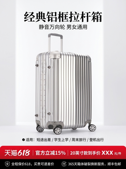 参考234张图片的电商主图版式设计，为第一张图片的银色波尔盾行李箱生成618促销主图，产品为经典铝框亮面拉杆箱，静音万向轮，男女通用，适配短途出差、学生上学、周末旅行、登机出行；包含促销信息：官方立减预览效果