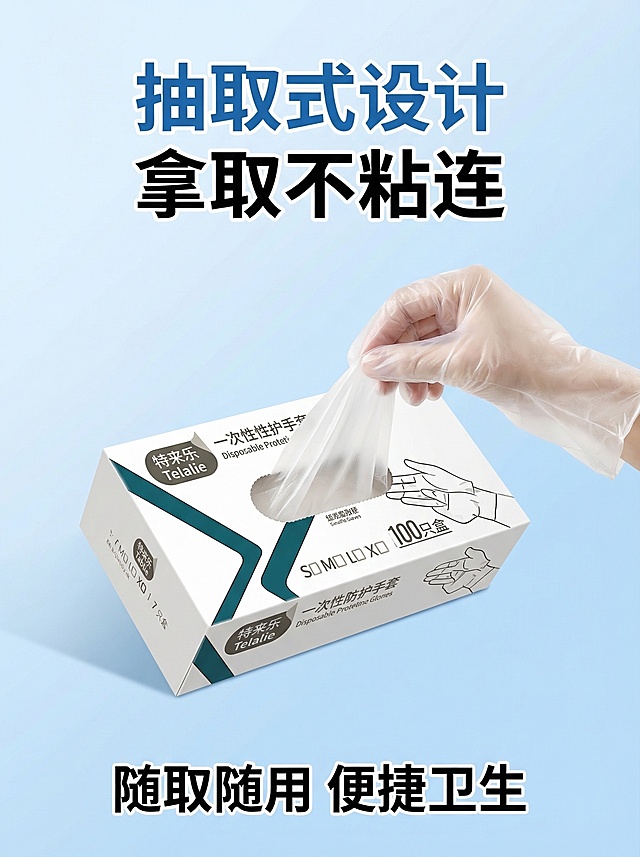 参考提供的一次性TPE手套主图的浅蓝清新风格、字体/图标排版逻辑，生成第4张详情页设计页：展示抽取式包装盒开合设计，手套从盒中抽出的效果，上方文案“抽取式设计 拿取不粘连”，下方说明“随取随用 便捷卫生”，整体750*1000尺寸，和参考图风格完全统一