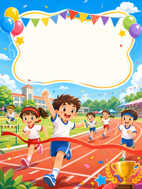 小学运动会秩序册封面，绿色操场跑道，彩色气球，卡通运动员小朋友，蓝天白云，青春活泼设计风格预览效果