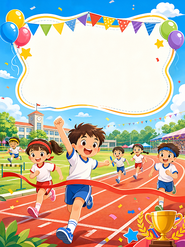 小学运动会秩序册封面，绿色操场跑道，彩色气球，卡通运动员小朋友，蓝天白云，青春活泼设计风格