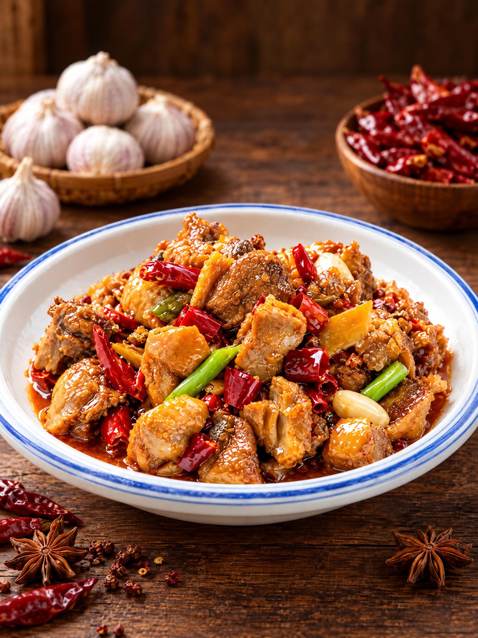 基于参考图中的红烧鸡块菜品，生成平视角度的美食摄影图，保持菜品… - 图片创意预览