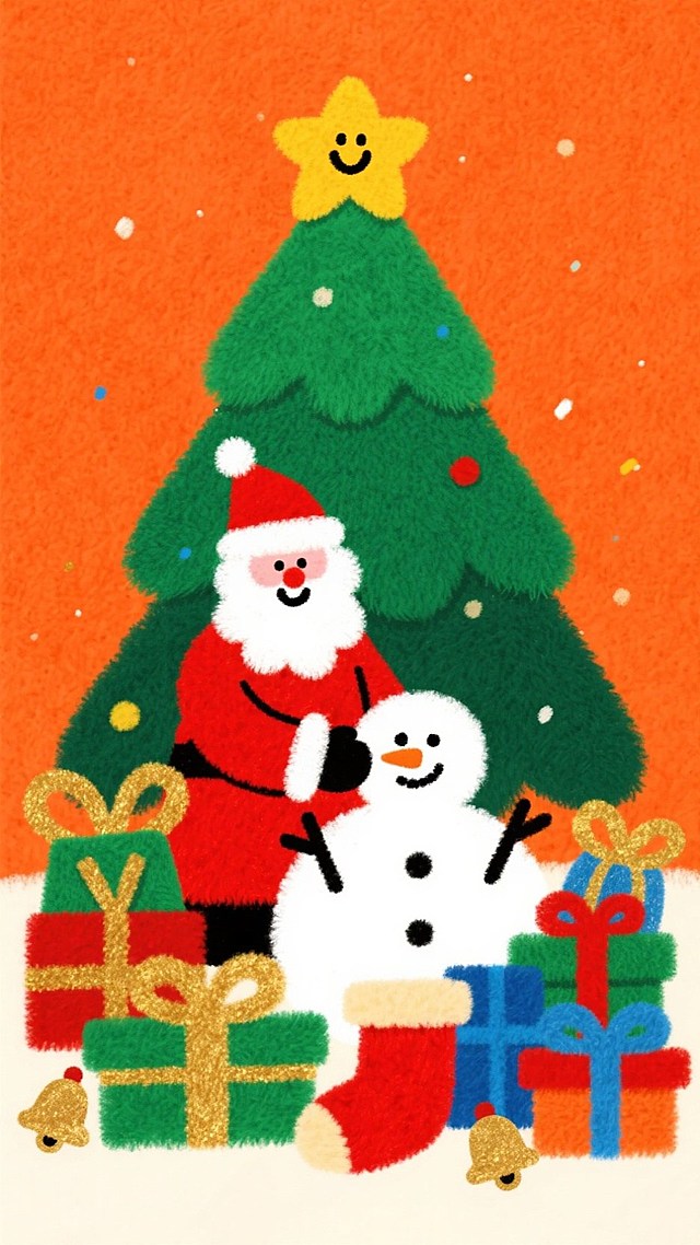 绿色圣诞树（顶部黄色笑脸表情的星星），树下有个圣诞老人在堆雪人，周围摆满礼物袋、礼盒、圣诞袜、带铃铛金色蝴蝶结等圣诞元素，橙色背景