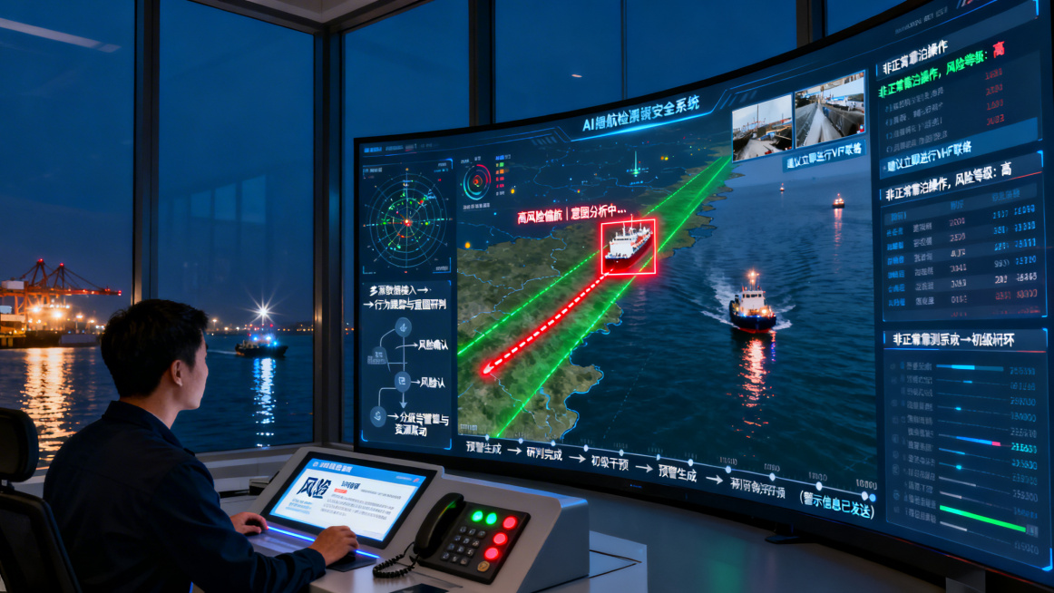 港口船舶交通管理中心（VTS）内景，深蓝色的夜幕透过落地窗，与室内众多屏幕的冷光交织。巨大的弧形主屏幕是整个画面的视觉焦点。

屏幕上清晰地分为三个协同工作的智能区域。中央的电子海图正动态融合着多源数预览效果