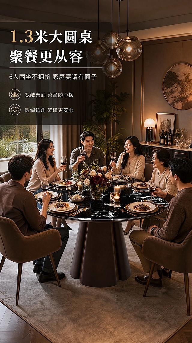 [第5张] 场景体验页-餐厅用餐场景，多人围坐聚餐氛围。本张使用【图1】作为商品主体，黑玫瑰色圆桌。
[氛围/风格] 温馨轻奢家居风，家庭聚餐氛围，生活方式摄影质感。
[元素布局] 现代轻奢餐厅全景，圆桌居中摆放，占比约45%，周围4-6把餐椅，桌上摆放精致餐盘、酒杯、花艺、蜡烛等聚餐布置；背景有艺术吊灯、餐边柜、墙面装饰、绿植，窗外暖调自然光；产品结构、颜色、材质与输入图一致。
[光影质感] 暖调自然光+室内暖光吊灯，多重光源营造温馨氛围，桌面有柔和反光，整体光线温暖舒适。
[配色色系] 全局底色暖米棕调；主色黑玫瑰台面+古铜金脚架；辅助色暖棕、米白、低饱和绿（绿植）。
[视角构图] 45°斜侧中景，餐桌为视觉中心，阅读动线从整体场景→餐桌细节→文案。
[文字版式] 左上叠加文案区，主标题「1.3米大圆桌 聚餐更从容」，副标题「6人围坐不拥挤 家庭宴请有面子」；下方2条卖点「宽敞桌面 菜品随心摆」「圆润边角 磕碰更安心」；文字半透明深色底衬托，白色标题+浅金点缀，不遮挡餐桌主体。
[比例分辨率] 9:16竖版比例，4K分辨率，文字清晰可辨，高清画质。
[负向提示词] 产品变形，人物变形，缺件错件，颜色偏差，水印，文字过小，产品模糊，背景杂乱。