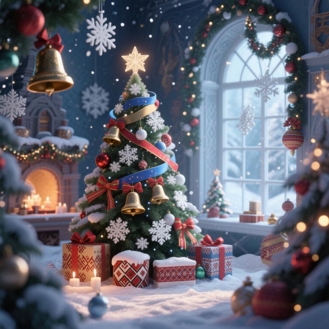 俄罗斯圣诞节和新年装饰元素，包括雪花、圣诞树、铃铛、彩带、俄罗斯传统图案，3D立体风格，画面精美，细节丰富预览效果