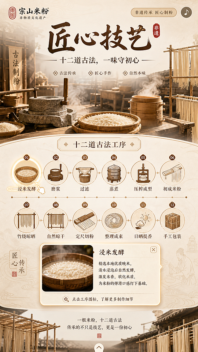 宗山米粉非遗H5匠心技艺页，标题："匠心技艺——十二道古法，一味守初心"，展示浸米发酵、磨浆、过滤、蒸煮、压榨成型、竹绕晾晒等工序图标，点击可弹出细节说明，搭配古法作坊实景元素，新中式国风，暖调设计，米白浅木底色，突出手工非遗工艺，手机竖屏H5页面。