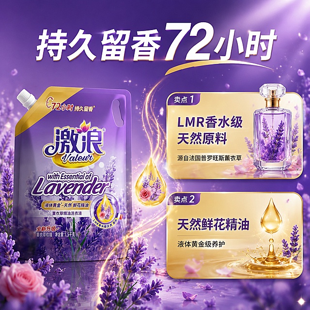 [第2屏] 核心卖点展示-激浪薰衣草精油洗衣液72小时留香亮点。本屏使用【图1】作为商品主体。
[氛围/风格] 紫色梦幻香氛氛围，香水级高级质感，卖点突出，信息层级分明，商业摄影质感。
[元素布局] 洗衣液袋装产品置于左侧，占比约40%，45度斜侧角度展示；右侧为两大核心卖点区块，上下分布；背景为紫色渐变，飘散的薰衣草花束和金色香氛粒子光效；中间有精油水滴连接产品和卖点；产品包装结构、颜色、文字与输入图完全一致。
[光影质感] 右上方主光，产品左下方柔和投影，香氛粒子有自发光效果，整体通透有层次。
[配色色系] 全局底色 #7C3AED 紫色渐变；主色深紫+浅紫；辅助色金色、白色、粉色玫瑰点缀。
[视角构图] 45度斜侧视角，左右分栏布局，阅读动线从左产品 → 右上卖点1 → 右下卖点2。
[文字版式] 版式为左产品 + 右双卖点。顶部大标题「持久留香72小时」白色粗体大字；卖点一「LMR香水级天然原料」配香水瓶图标+说明文字「源自法国普罗旺斯薰衣草」；卖点二「天然鲜花精油」配精油滴图标+说明文字「液体黄金级养护」；每个卖点配金色底纹卡片，文字清晰醒目。
[比例分辨率] 1:1 方图比例，4K 分辨率，文字清晰可辨，高清画质。
[负向提示词] 产品变形，缺件错件，颜色偏差，包装文字错乱，水印，文字过小，背景杂乱。