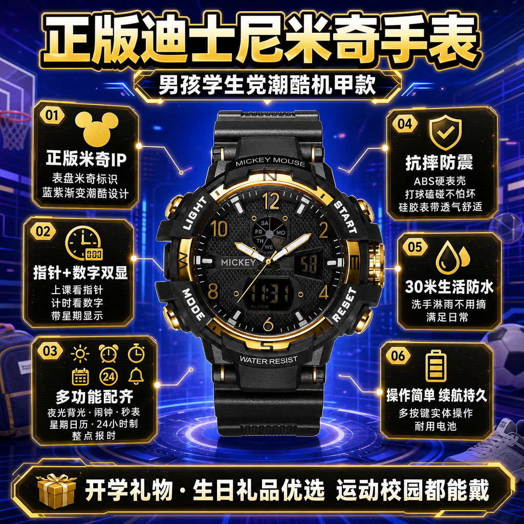 [商品] 使用【图1】迪士尼米奇联名黑金机甲风电子手表；保留手… - 图片创意预览