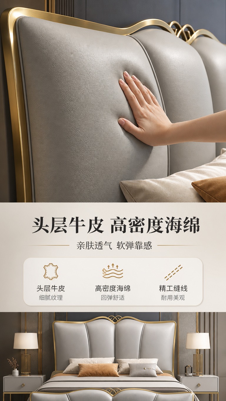 [商品] 使用【图1】浅灰色头层牛皮软包床；保留床头软包造型、… - 图片创意预览
