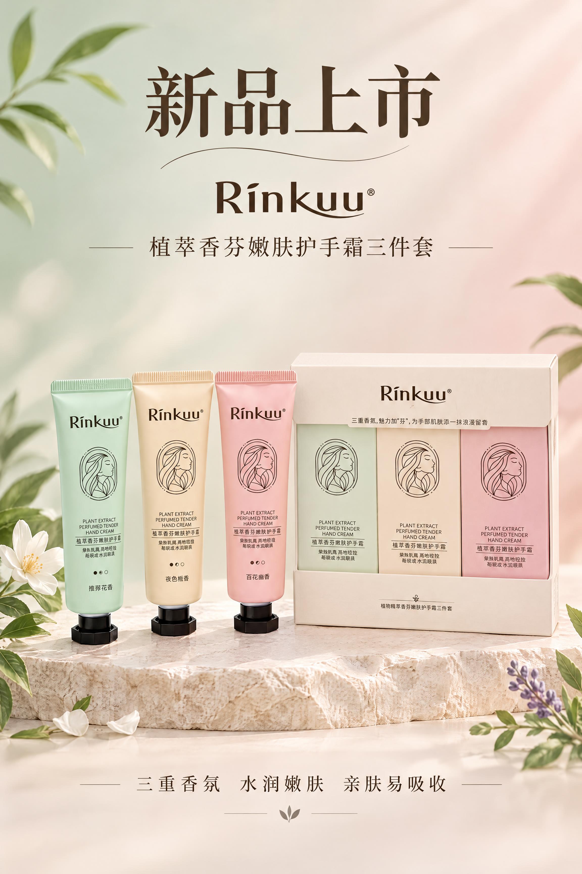 基于图中的Rinkuu植萃香芬嫩肤护手霜三件套产品，制作一张A… - 图片创意预览