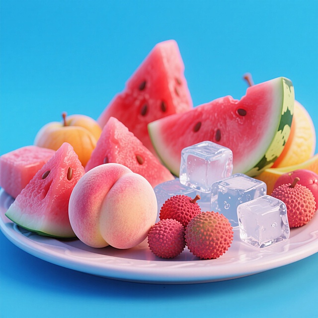 主体是一盘水果，有西瓜、桃子、荔枝等放在盘子里，盘子放在一堆冰块上，清凉感，夏天，蓝色系